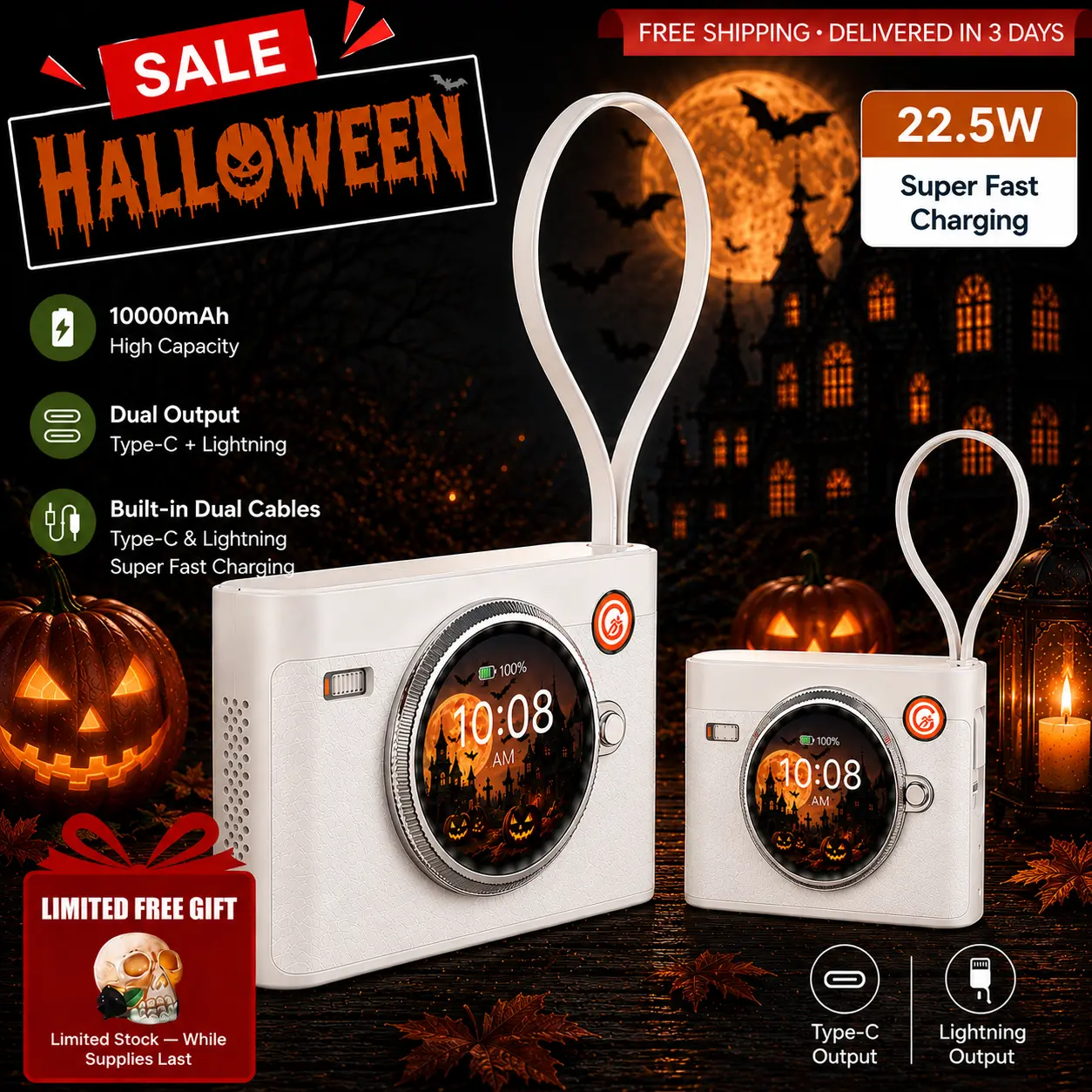 [Halloween Mega Deal]10000mAh Power Bank, Portable Charger with Touch Screen & Speaker, Fast Charging Battery Pack for iPhone & Android, Portable Phone Charger for Travel, Halloween Gift