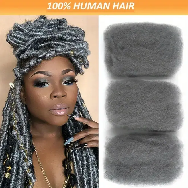 100% Brazilian Grey Remy Human Hair Braid Extensions - 50g Bulk, Afro Curly/Kinky Texture, Silk-Soft Real Hair for Braiding & Twisting, Braid Extension