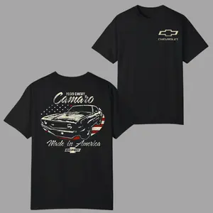 1969 Muscle Car Graphic T-Shirt, Classic Camaro Illustration with American Flag 2 Sides, Retro USA Pride Style for Car Lovers and Gearheads, Vacation Outfits, Summer Deals, Streetwear, Vacation Outfits, Summer Deals