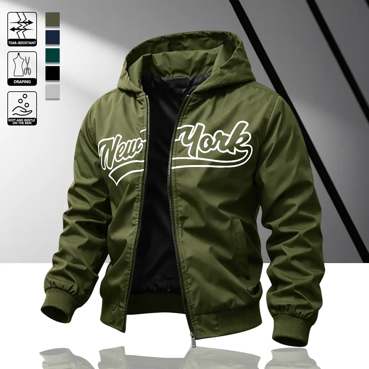 Men's “New York” Letter Print Hooded Zipper Jacket Lightweight Windproof Outerwear Casual Streetwear Baseball-Style Top Comfortable Spring/Summer Versatile Jacketdaptation, trendy personalized style Coats Menswear Stylish Pocket Day Fabric jackets zip up