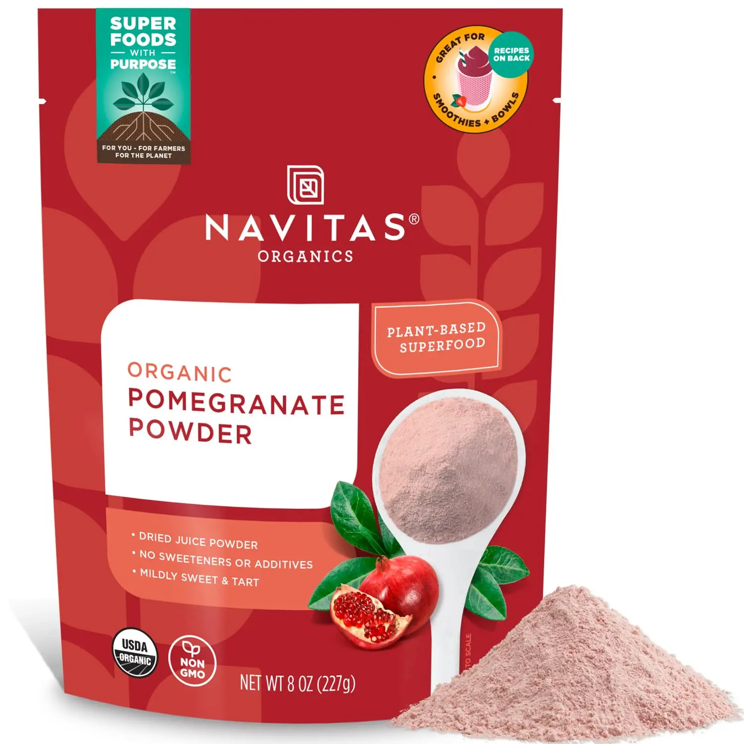 Navitas Organics Sweet Pomegranate Beverage Juice Powder - 8 oz Bag, 45 Servings, Vegan, Sugar Free, No Coloring, Ellagic Acid Antioxidant Support, Non-GMO, Kosher, Gluten-Free - For Smoothies, Yogurt - For Adults, 8 Ounces