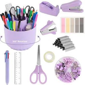 Purple Desk Accessories, 11Pcs Desk Organizer with 360°Rotating Pen Holder, Stapler, Staples, Staple Remover, Pen, Ruler, Tape Dispenser, Tape, Clips, Scissor, Notes, Office Supplies OfficeSup
