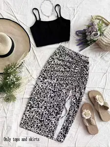 Women's Plain Adjustable Fit Cami Top & Ditsy Floral Print Ruched Drawstring Skirt, Casual Sleeveless Top & Skirt for Summer, Two-piece Women’s Sets, Womenswear