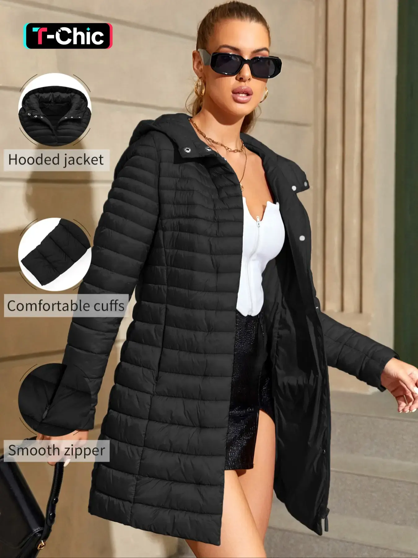 Women's Mid-Length Puffer Coat, Casual Hooded Button Jacket with Pockets, Womenswear Fall & Winter Warm Woven Outerwear, Lightweight Thick Fabric, Lady, Sleeve