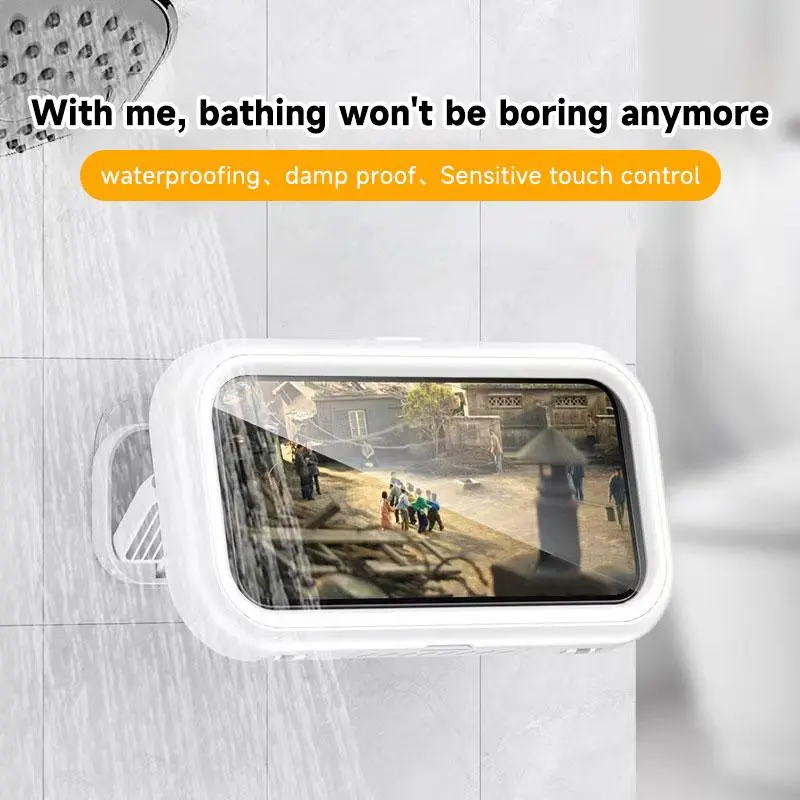 All-round waterproof cell phone holder，"480° rotating shower phone holder with waterproof case, compatible with 4" to 7" phones. Full touchscreen functionality for easy use in the shower. Wall-mounted for convenience and security."