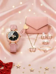 Women's Quartz Watch Set, Butterfly Pattern Round Case, PU Leather Strap, Includes Bracelet, Necklace, Earrings, Ring, Wallet, Fashionable Jewelry Set