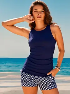 Navy Blue Tankini Swimsuit for Women - High Neck Ruched Tank Top with Gingham Shorts Two Piece Bathing Suit