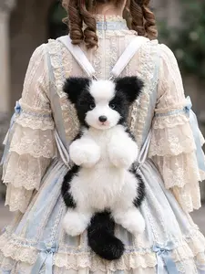 1 Realistic Black and White Border Collie Plush, Fuzzy Backpack Carrier, A Soft, Lightweight Stuffed Animal Backpack with Large Capacity and Adjustable Shoulder Straps, Ideal for Daily Outings and Travel, Perfect Birthday Gift for Girls