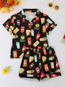 2 Piece Kids Fire Resistant Pajama Set, Short Sleeve Cardigan and Shorts, Fun Food Print All Seasons, Boys and Girls Sleepwear, Snug Fit Pajamas