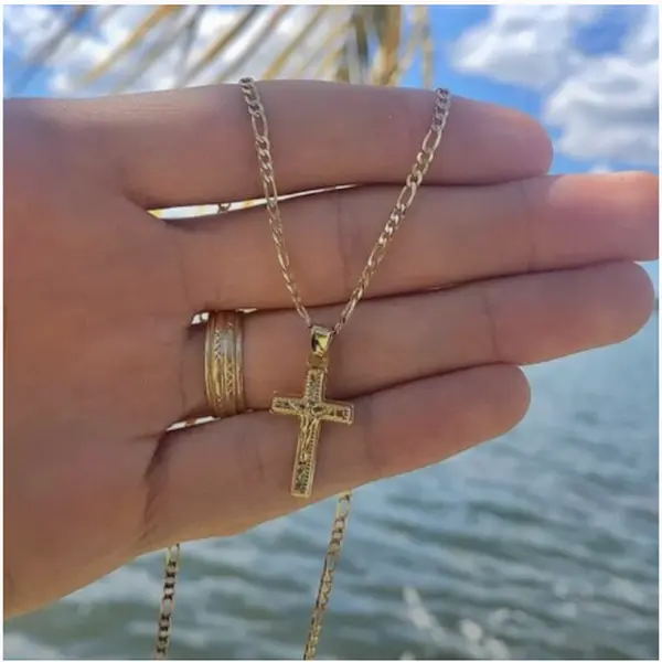 Cross Pendant Necklace Figaro Chain Jewelry Catholics For Newborn Toddler Youth Womens and Mens