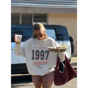 Women’s California graphic print sweatshirt fit, casual ribbed long-sleeve pullover for autumn, fashionable daily wear, thick knit fabric, autumn clothing