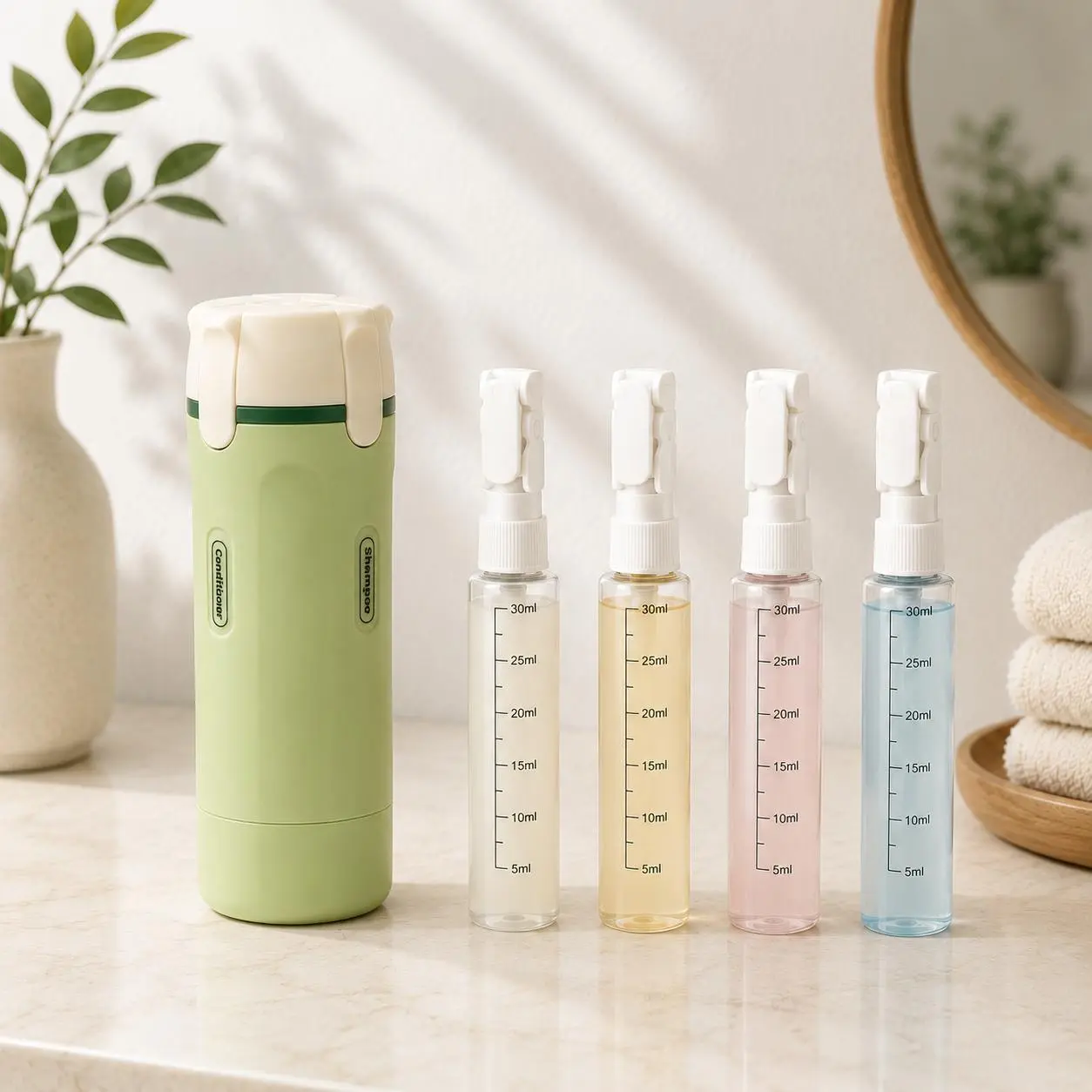 4 in 1 Travel Dispenser Bottle – Leak Proof Refillable Silicone Toiletry Organizer for Shampoo, Lotion and Travel Essentials