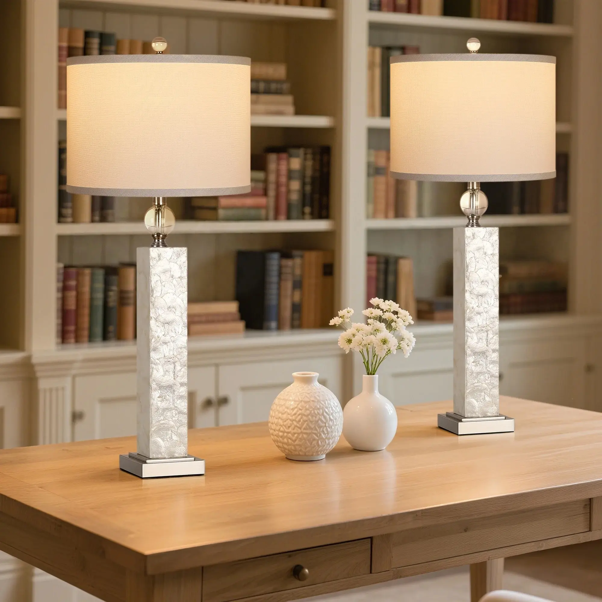 33'' Tall Table lamp Set of 2 with Linen Lampshades, Modern Seashell Nightstand Lamp for Living Room Bedroom