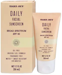 Trader Joe’s Daily Facial Sunscreen Broad Spectrum SPF 40 Oil Free Invisible Gel Formula Fragrance Free Water Sweat Resistant, 1.70 Fl Oz (Pack of 1) Skincare Aloe