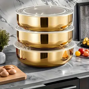 Golden Stainless Steel Mixing Bowl Set Featuring a Lid - Resistant to Rust, Designed Deep And Wide for Kneading Dough, Washing Vegetables, And Making Soups - Safe for Dishwashers, Reusable for Dining, with a Sturdy Build