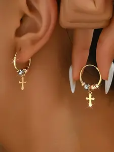 Bohemian Style Cross Earrings for Women, Fashionable Simple Design, Perfect for Daily Wear and Parties, Versatile Jewelry Accessory, Studded Cross Earrings