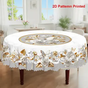 1pc, Spring Summer Themed Party Tablecloth, Luxury Butterfly Rose Floral Printed Design, Rectangular/Round/Oval Table Cloth, Embossed Edge, Suitable For Indoor Outdoor Dining Picnic Dinner Dining Room Decoration, Picnic Table Cover