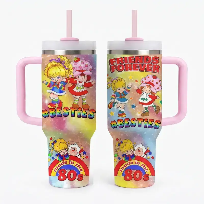 40oz/ 20oz 80s Cartoon Strawberry & Rainbow Insulated Tumbler with Handle and Straw, Double Wall Vacuum Insulated Travel Mug, Trendy Collector Drinkware
