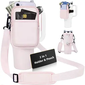 Water Bottle Carrier Bag with Pouch Pocket for Stanley Cup 40 Oz Tumbler, Neoprene Cup Carrier Holder Water Bottle Holder Pouch with Adjustable Strap & Carabiner for Stanley Cup Accessories Royacon