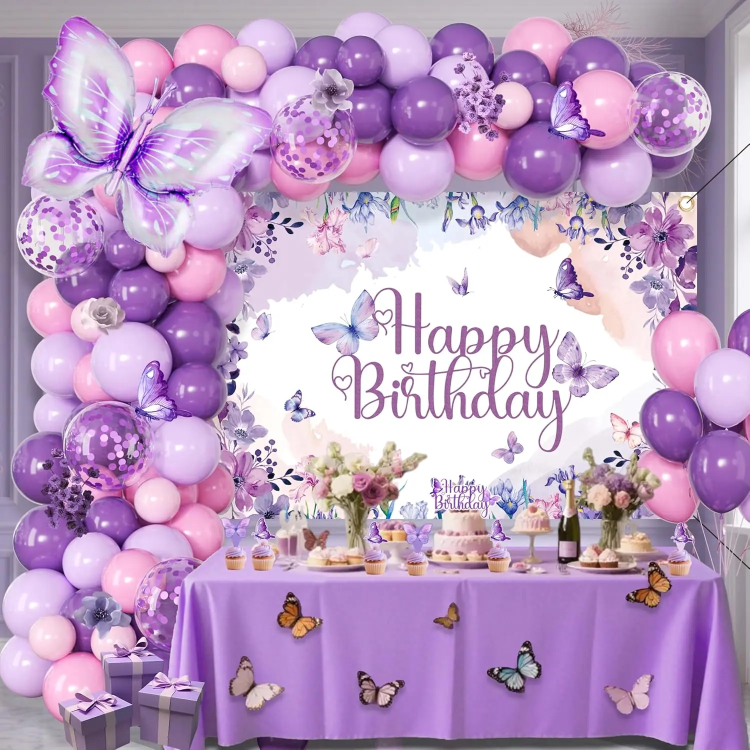 Butterfly Birthday Decorations Balloon Arch Kit - Glitter Butterfly Party Supplies with Garland, Backdrop, Centerpieces for Women Girls Birthday Party Decor