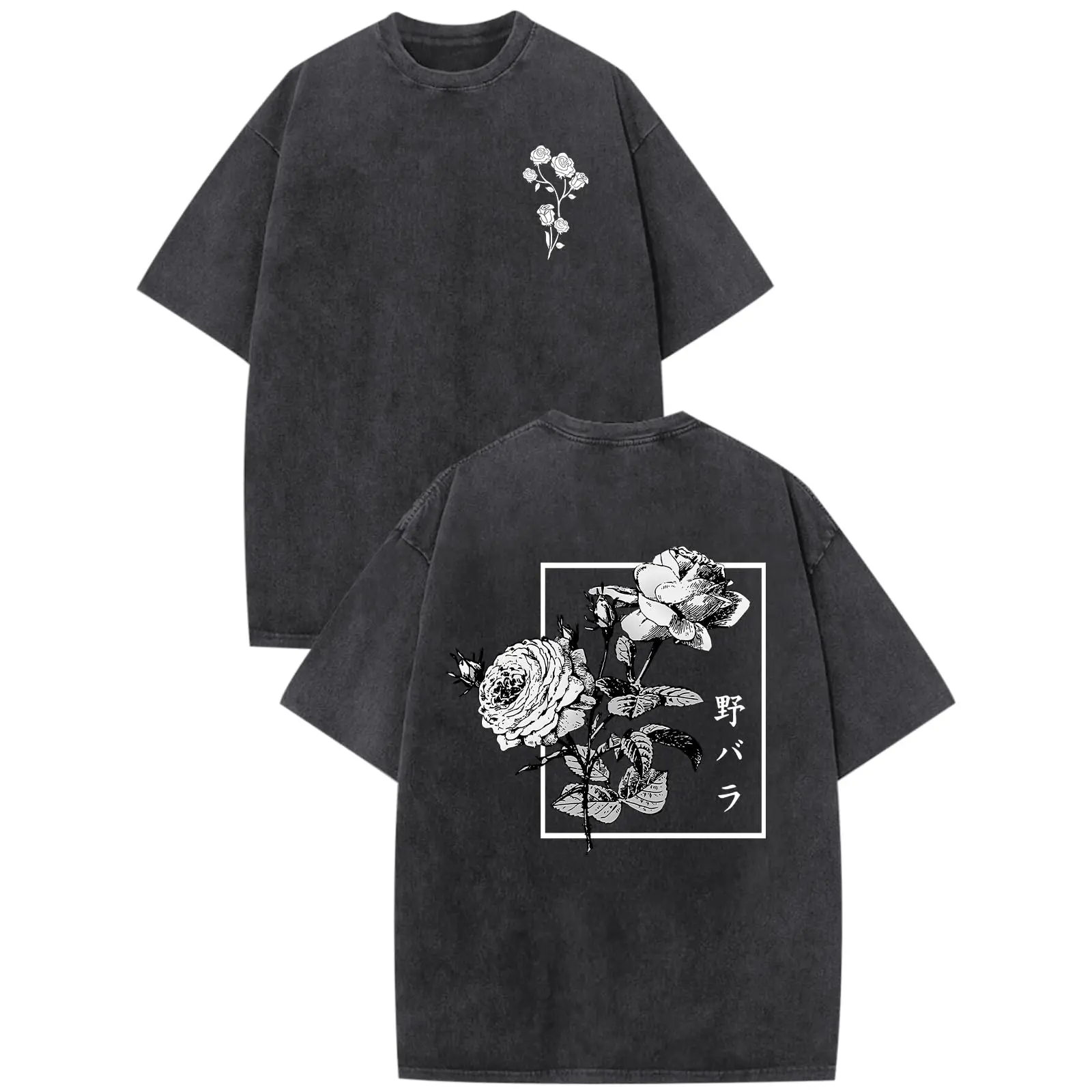 Japanese Graphic Tees for Men Harajuku Rose Flower Floral Shirts Cool Vintage Oversized Streetwear Acid Wash Tops
