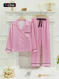 Women's Striped Pocket Lapel Neck Pyjama Set, Comfy Elegance Button Down Long Sleeve Shirt & Tie Front Pants Lounge Set, Pajama Sets Women, Pj Sets for Women, Sleepwear for Spring & Fall, Gifts Set for Mum, Loungewear, Homewear