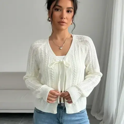 Women's Solid Tie Front Raglan Sleeve Sweater Cardigan Tops, Casual Long Sleeve Cardigan for Spring & Fall, Fashion Women's Knitwear for Daily Wear
