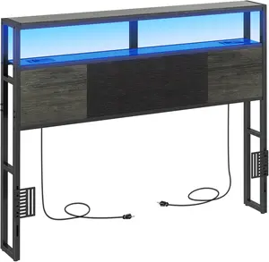 Headboard Full Size, Headboards with  Station, USB Port and LED Light,  Board with 2-Tier Storage Shelf, Adjustable Height, Easy Assembly, Sturdy and , Black