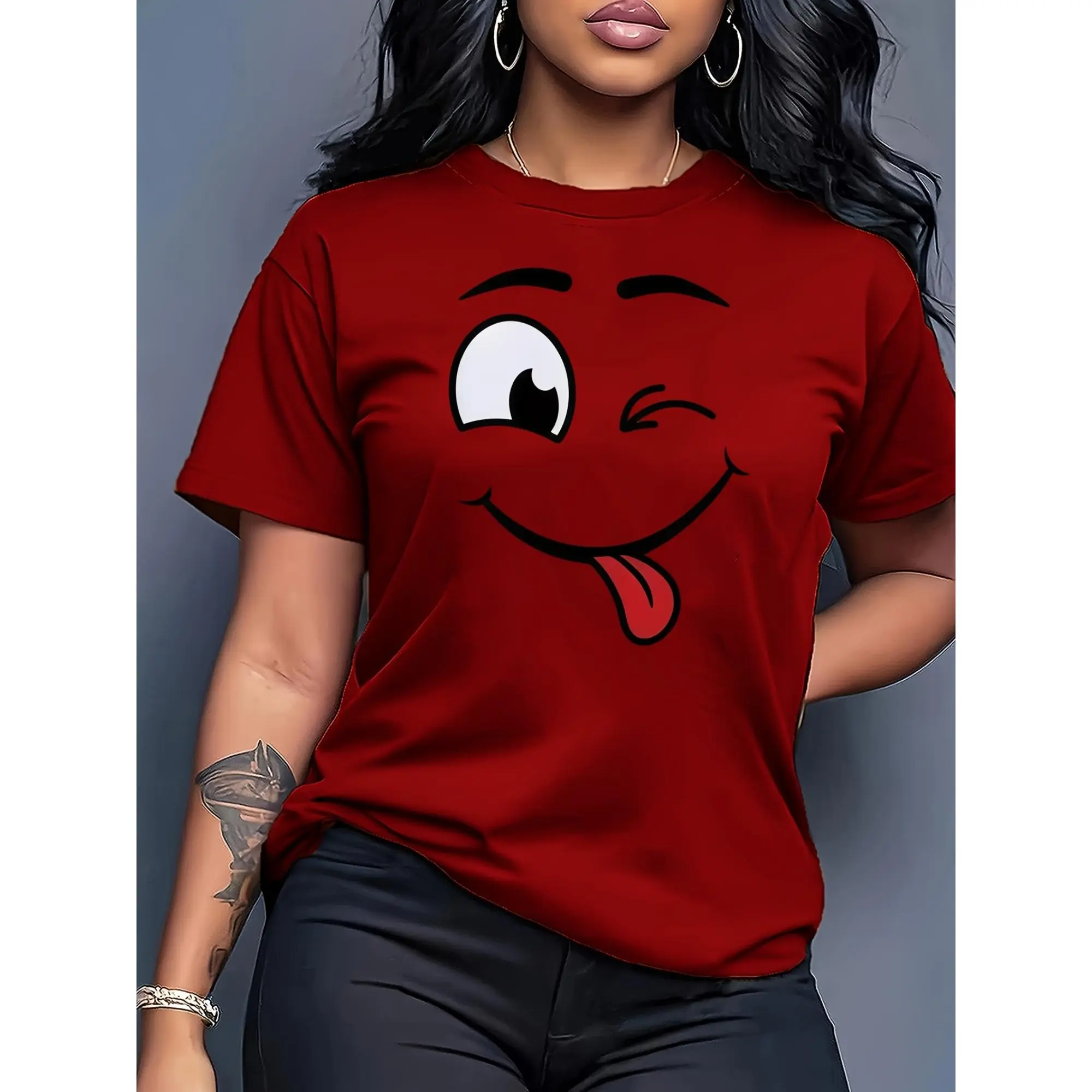 Women's Casual Smiley Face Print T-Shirt, Short-Sleeve Round Neck Summer Graphic Shirts for Women for Vacation & Daily Wear, Tshirt, Elegant, Style, Women's Clothes