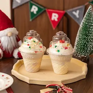 5pcs Ice cream cone-shaped cake cups with transparent conical lids, packaged in a plastic dessert box, suitable for mousses, cupcakes, ice cream, and baking.