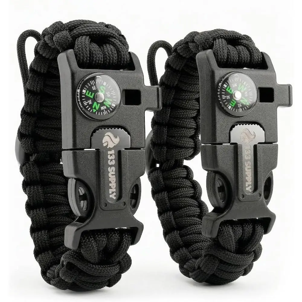 5-in-1 Braided Survival Bracelet with Military Cord, Adjustable Tactical Survival Kit for Camping - Includes Compass, Fire Starter & Whistle, Unisex