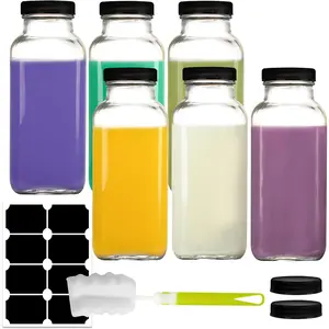 STANDARD GOODS 6 Pack 12 Oz Glass Juice Bottles, 350 Ml Glass Square Water Bottles with Lids, Reusable Empty Drinking Jars with Labels and Brush for Juice, Smoothies, Kombucha NAWORLI