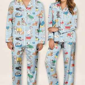 Dog Lover Satin Pajamas Set , Cute Puppy Print Holiday Sleepwear for Women , Cozy Christmas PJs Gift for Pet Moms & Dog Owners