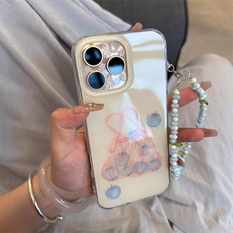 Crystal transparent white light pink mesh bag blueberry Protective phone case Cover with chain for iPhone 11 12 13 14 15 16 pro max