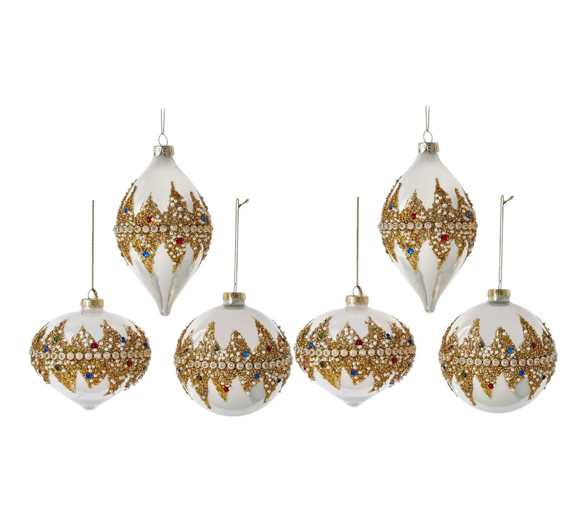 RC Home Set of 6 Faux Pearl & Jewel Glass Christmas Ornaments