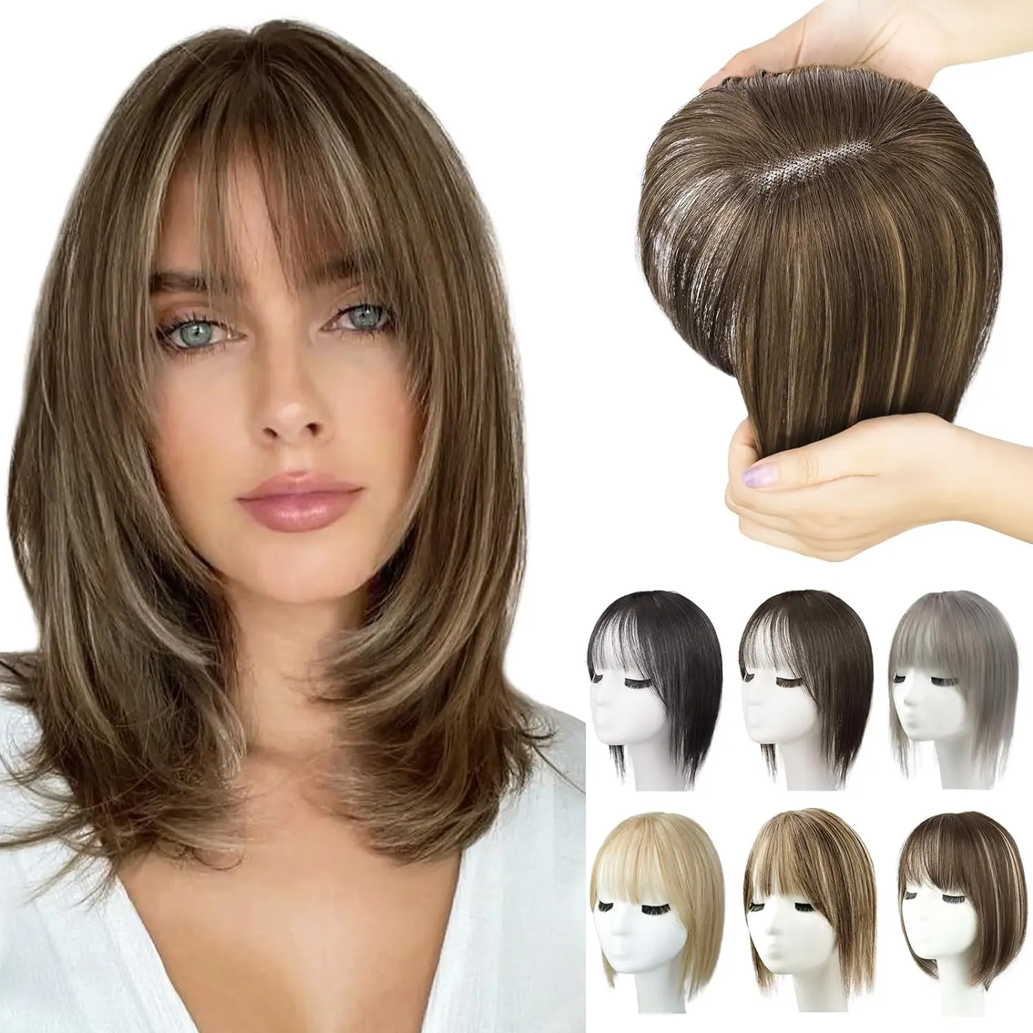 12 Inch women's wig bangs hair extension naturally light and breathable covers grey hair invisible and seamless fluffy and realistic hair top hairpiece Synthetic Hair Topper bald spot clip-in extension Breathable Silk Hair Topper for Thinning Hair summerv