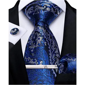 Paisley Ties for Men Silk Necktie and Pocket Square Cufflinks Tie Clip Set Woven Classic Mens Tie for Wedding Party