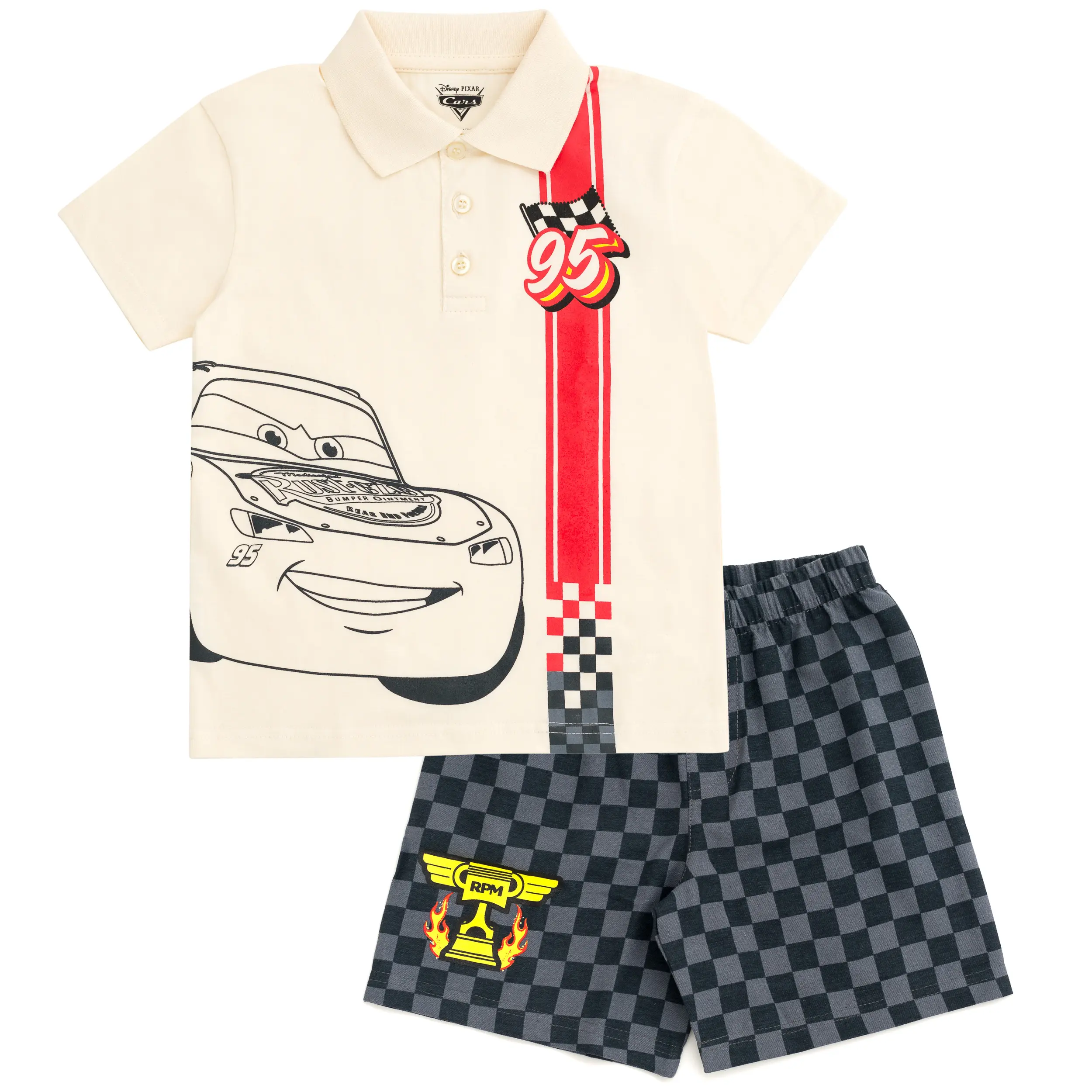 Disney Cars Lightning McQueen Boys' 2-Piece Outfit Set | Soft Cotton Graphic Polo and Checkerboard Elastic Waist Shorts with Adjustable Drawcord