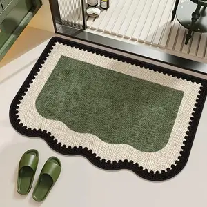 Retro French wavy edge herringbone pattern bathroom thickened special-shaped carpet mid-century style olive green off-white pattern entrance door non-slip carpet ins style simple stamp shape bathroom door non-slip floor mat