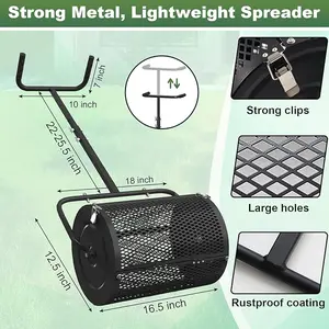 Compost Spreader, Heavy Duty Lawn Spreader Roller Peat Moss Spreader with Adjustable U-Shaped Handle, Lightweight Metal Mesh Garden Spreader for Lawn Fertilizer Mulch Sand Soil Spreading Roller