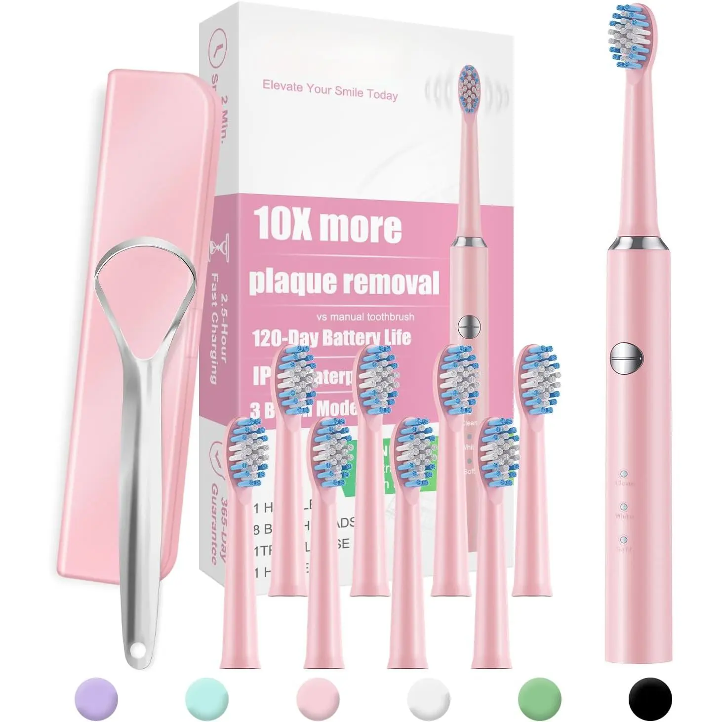 Sonic Travel Toothbrush - Electric Toothbrush for Adults and Kids with Tongue Scraper, 8 Brush Heads, 40000 VPM Cleansing, 120 Days Last Charge, Pink