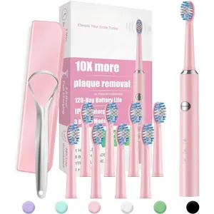 Sonic Travel Toothbrush - Electric Toothbrush for Adults and Kids with Tongue Scraper, 8 Brush Heads, 40000 VPM Cleansing, 120 Days Last Charge, Pink