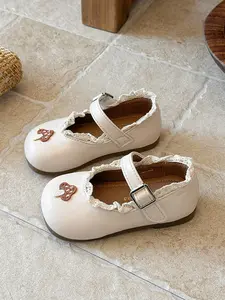 2026 New Trendy Girls' Mushroom Embroidered Lace Mary Jane Shoes, Multi-Color Soft PU Leather, Metal Buckle Velcro, Anti-Slip Sole