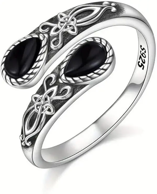 Vintage Celtic Knot Black Onyx Ring, 925 Sterling Silver Open Ring, Retro Ornament Adjustable Band for Women, Ideal Gift for Mother’s Day & Birthdays Wedding Engagement Ring Wedding Rings