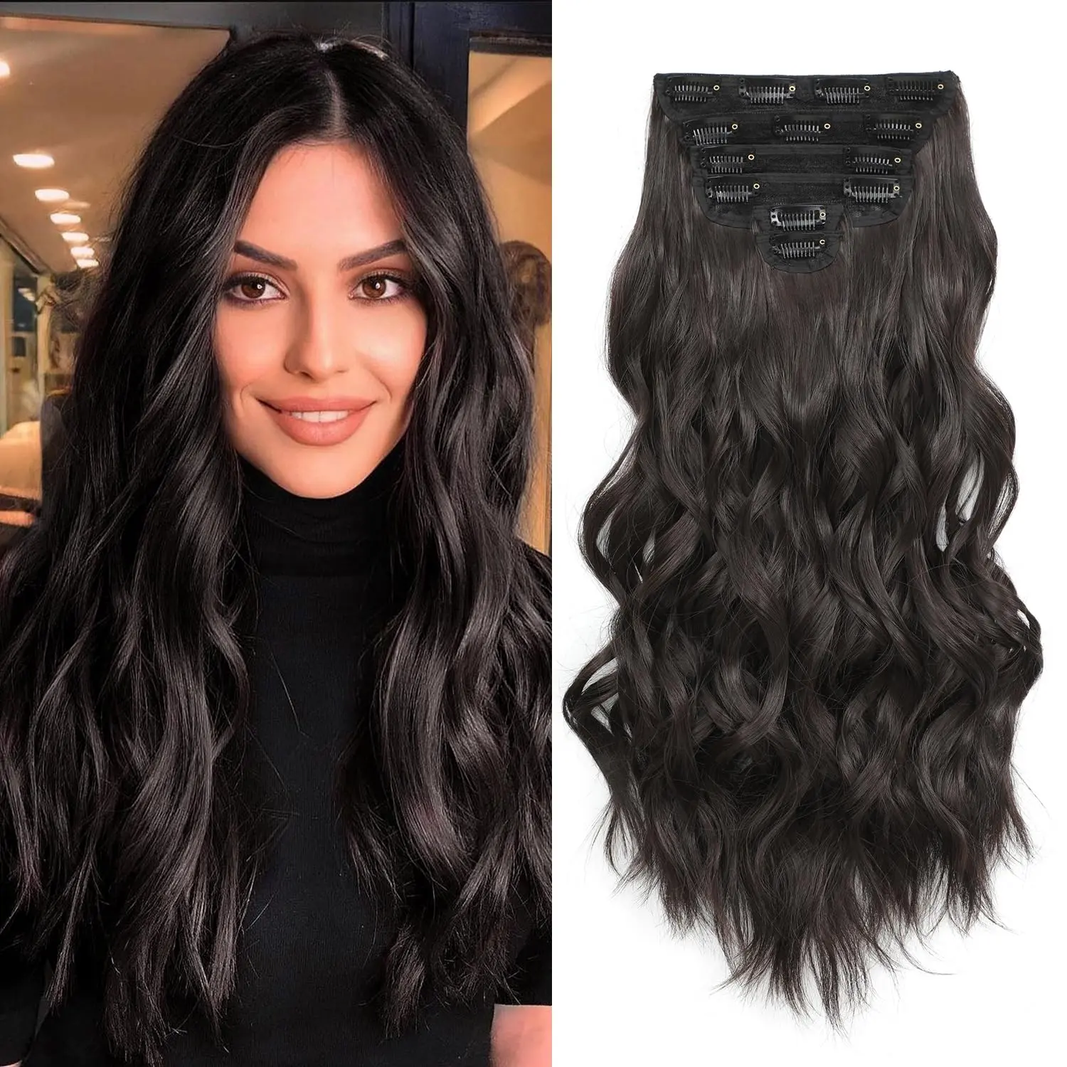 Vigorous Women's Black Clip-In Hair Extensions, 20-Inch Premium Synthetic Long Wavy Thick Hairpieces, 6PCS Double Weft Fiber Hair Accessories, Black Hair Extensions Clip In