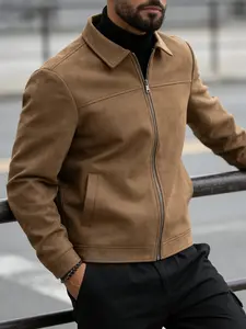 Men's casual jacket, made of suede like fabric that is easy to maintain, with a zipper closure design and a light business style lapel jacket, suitable for daily life, work travel, and formal wear - Spring and Autumn