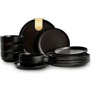 Plates and Bowls Sets, 12 count Ceramic Dinnerware Set for 4, Stoneware Dishware Dishes Set, Scratch Resistant Dishes Set, Dishwasher & Microwave Safe, Black