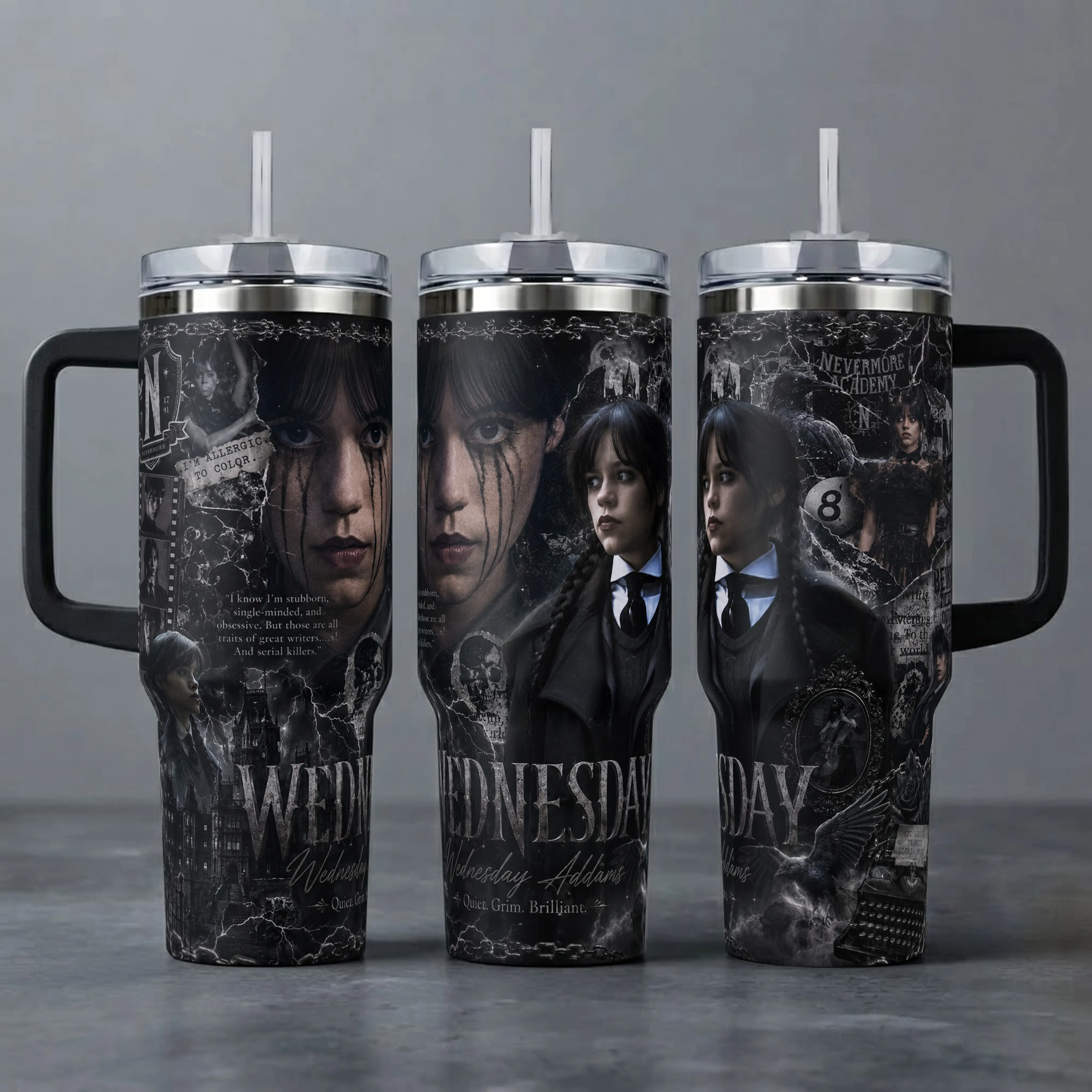 Wednesday Tumbler, 20oz & 40oz Travel Mug with Handle & Straw - Wednesday Addams "Quiet. Grim. Brilliant." Art Cup, Dark Goth Fan Merchandise, Perfect Gift for Mystery and TV Show Fans