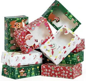 24 PCS Christmas Foil Treats Cookie Gift Boxes Colorful Pattern Bakery Box with Window for Xmas Holiday Birthday Party Pastries, Cupcakes, Brownies, Donuts Gift-Giving