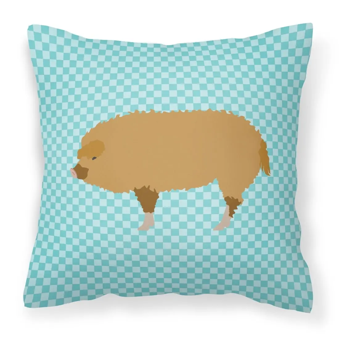 14x14 in. Indoor/Outdoor Hungarian Mangalica Pig Blue Check Polyester Decorative Pillow - Fade-Resistant, Machine Washable